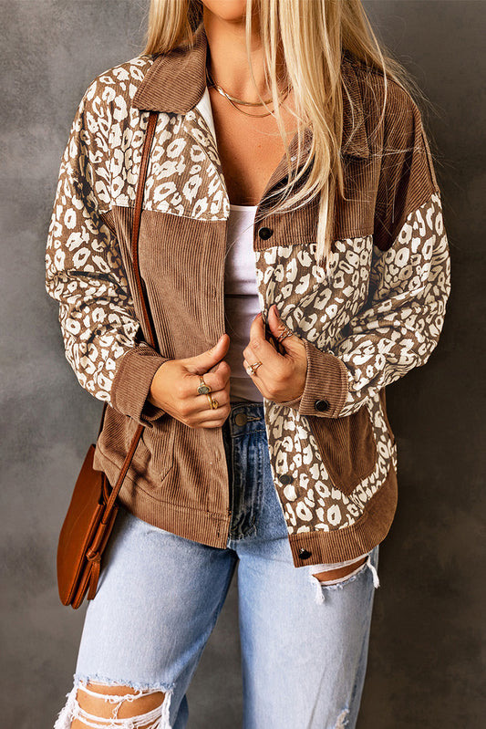 Brown Leopard Print Corduroy Long Sleeve Jacket Brown 100%Polyester Jackets JT's Designer Fashion