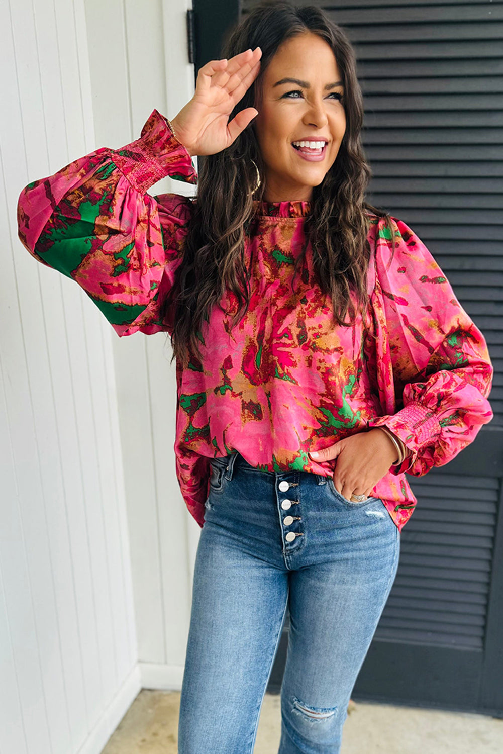 Rose Abstract Print Frilly Neckline Puff Sleeve Blouse Blouses & Shirts JT's Designer Fashion