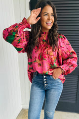 Rose Abstract Print Frilly Neckline Puff Sleeve Blouse Blouses & Shirts JT's Designer Fashion