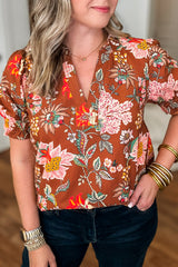 Brown Floral Stitched V Neck Frilled Trim Puff Short Sleeve Blouse Brown 100%Polyester Plus Size Blouses & Shirts JT's Designer Fashion