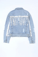 Sky Blue Sequin Embellished Fringe Distressed Denim Jacket Denim Jackets JT's Designer Fashion