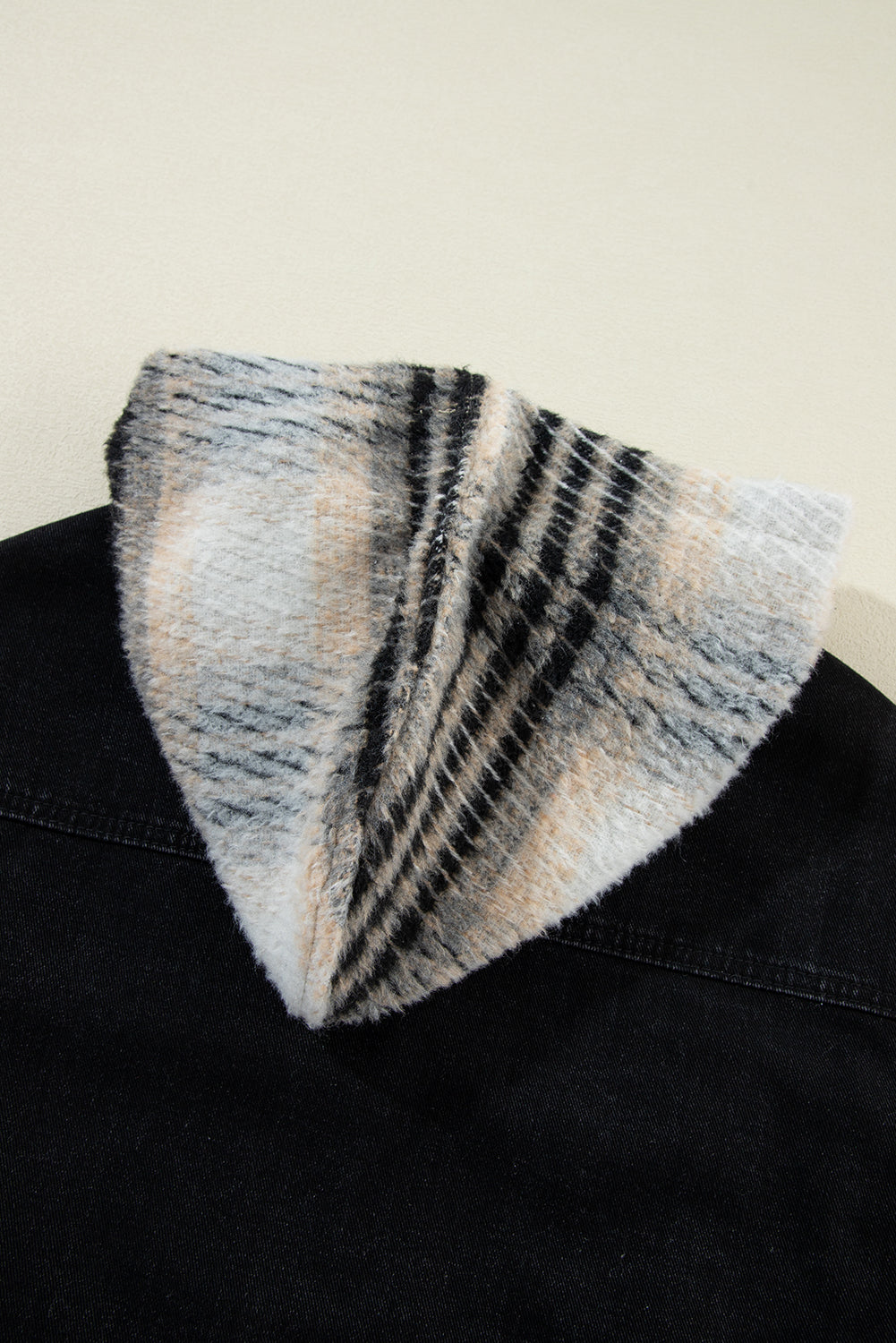 Black Plaid Sleeve Frayed Hem Hooded Denim Jacket Denim Jackets JT's Designer Fashion