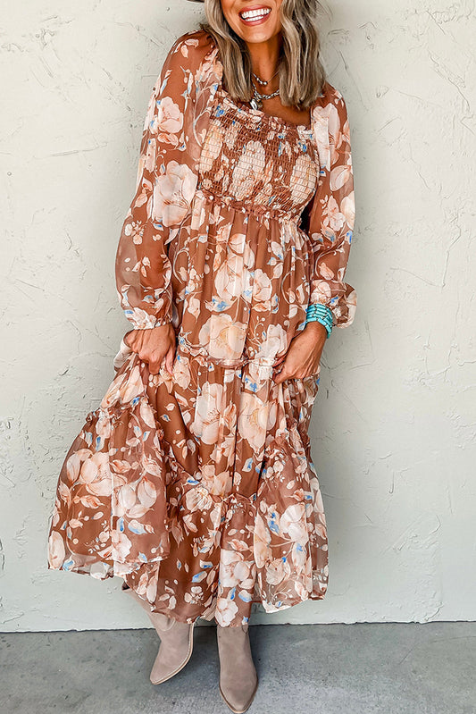 Brown Floral Print Shirred Square Neck High Waist Long Dress Brown 100%Polyester Maxi Dresses JT's Designer Fashion