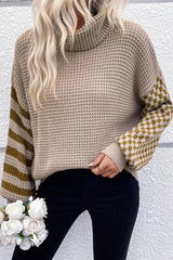 Smoke Gray Striped Plaid Patchwork Waffle Knit Turtleneck Sweater Sweaters JT's Designer Fashion