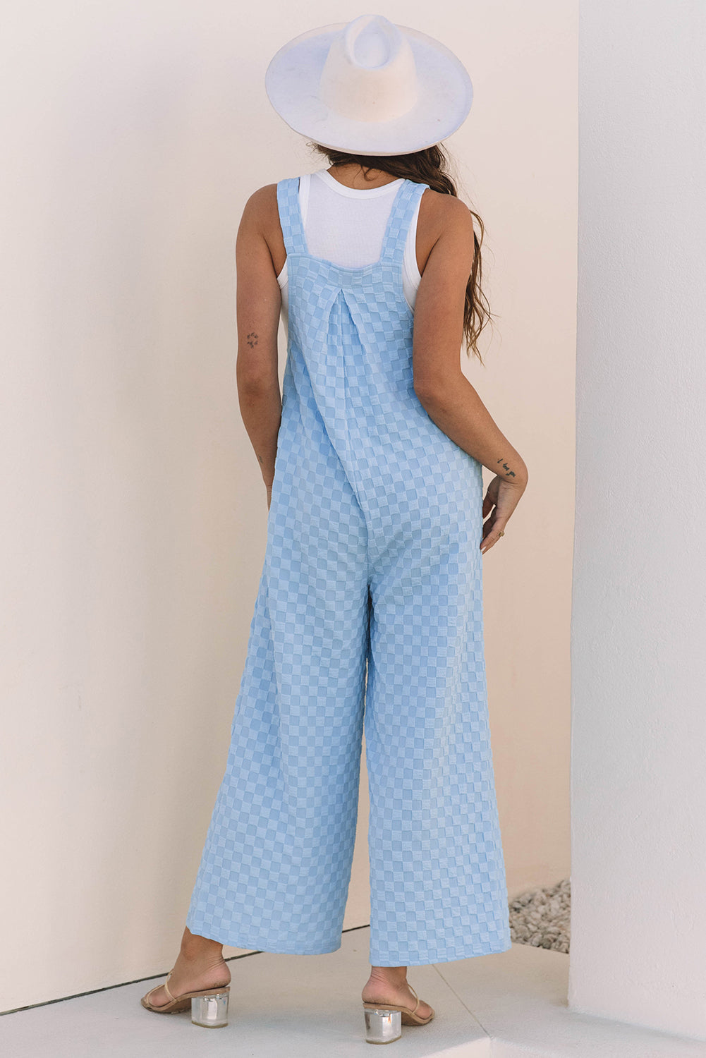 Beau Blue Checkered Pocketed High Waist Wide Leg Overall Jumpsuits & Rompers JT's Designer Fashion