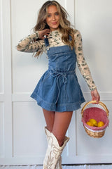 Sky Blue Buckle Straps Bib Style Drawstring Tied Backless Flared Denim Romper Jumpsuits & Rompers JT's Designer Fashion