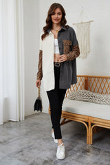 Gray Color Block Leopard Patched Corduroy Shacket Jackets JT's Designer Fashion
