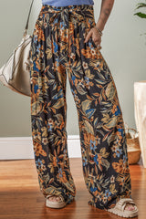 Multicolour Floral Shirred High Waist Wide Leg Pants with Tie Pants & Culotte JT's Designer Fashion