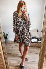 Black Leopard Print Buttoned Front 3/4 Sleeve Tiered Ruffled Hem Dress Mini Dresses JT's Designer Fashion