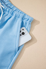 Myosotis V Neck Drop Shoulder Tee and Patchwork Drawstring Elastic Waistband Shorts Set Short Sets JT's Designer Fashion