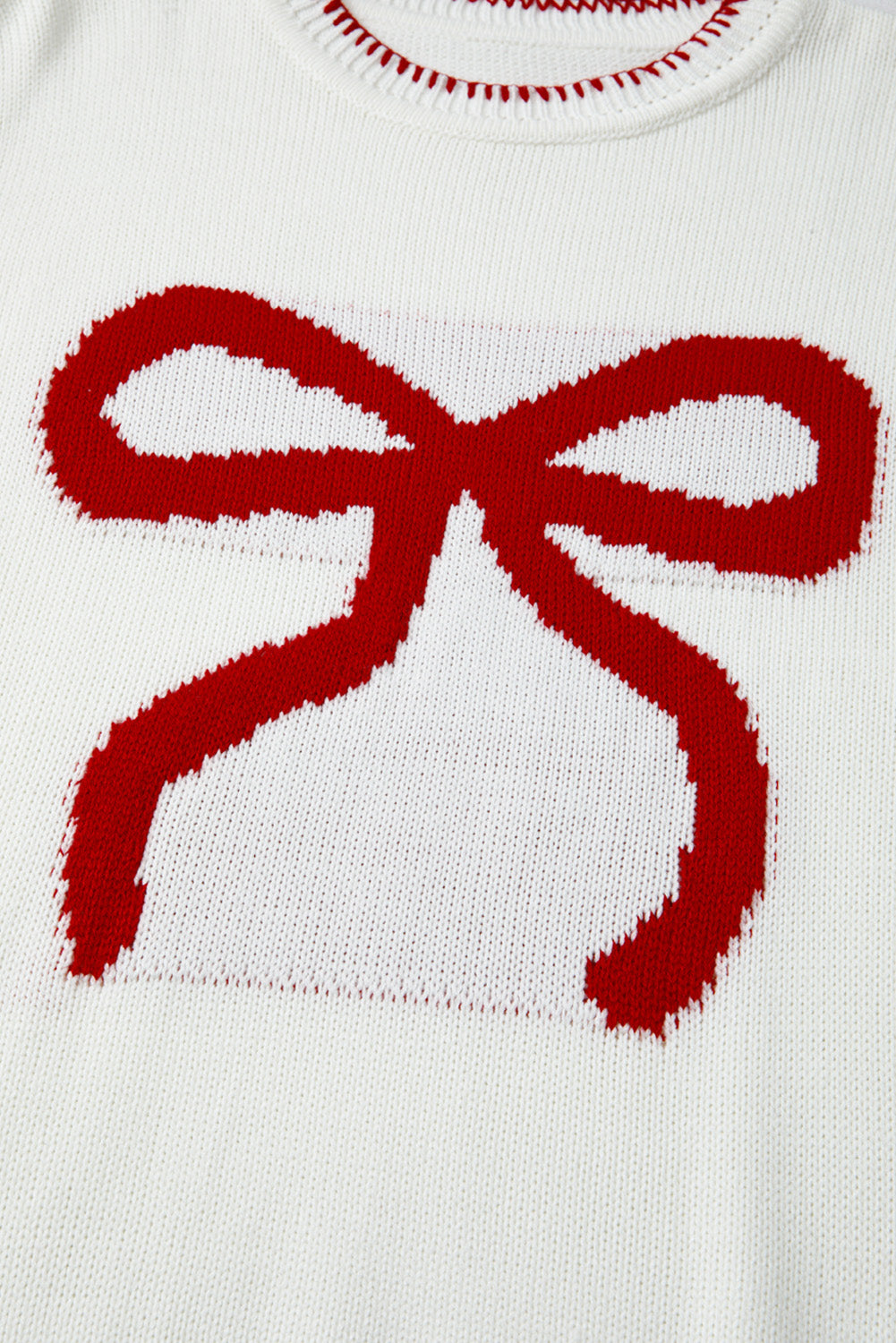White Bow Pattern Contrast Trim Christmas Loose Graphic Sweater Sweaters JT's Designer Fashion
