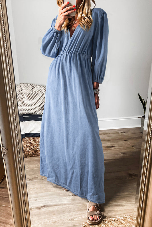 Myosotis Chambray Deep V Neck Bracelet Sleeve Long Dress Myosotis 100%Cotton Maxi Dresses JT's Designer Fashion