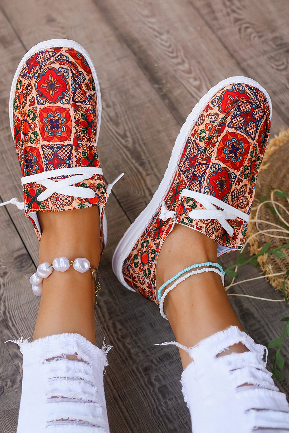 Fiery Red Western Printed Lacing Flat Slip On Shoes Women's Shoes JT's Designer Fashion