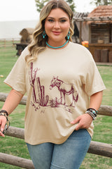 Parchment Western Burro Cactus Crew Neck Graphic Tee Parchment 62%Polyester+32%Cotton+6%Elastane Plus Size Tops & Tees JT's Designer Fashion