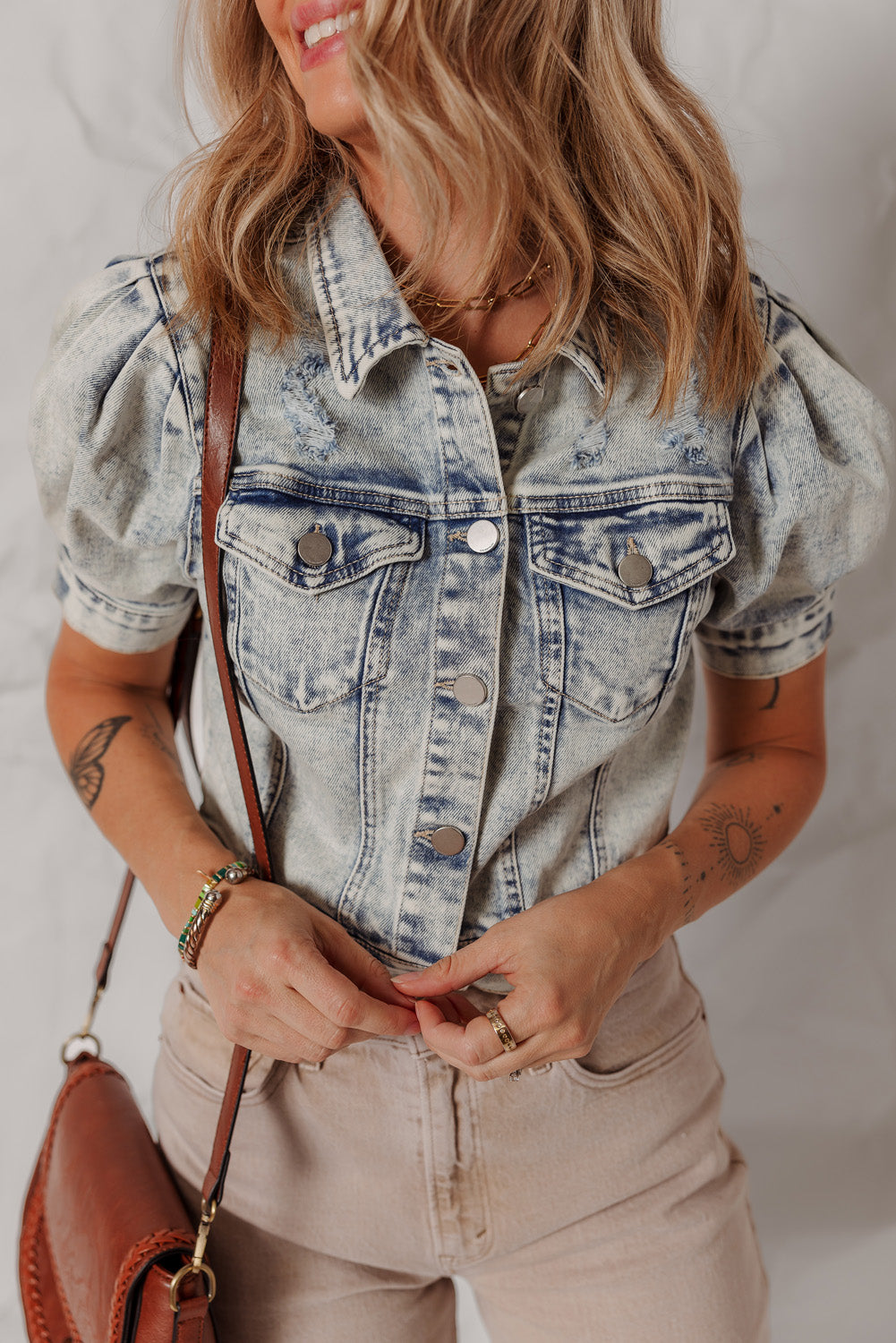 Beau Blue Light Wash Buttoned Chest Pocket Puff Sleeve Denim Jacket Denim Jackets JT's Designer Fashion