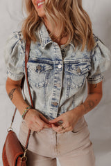 Beau Blue Light Wash Buttoned Chest Pocket Puff Sleeve Denim Jacket Denim Jackets JT's Designer Fashion
