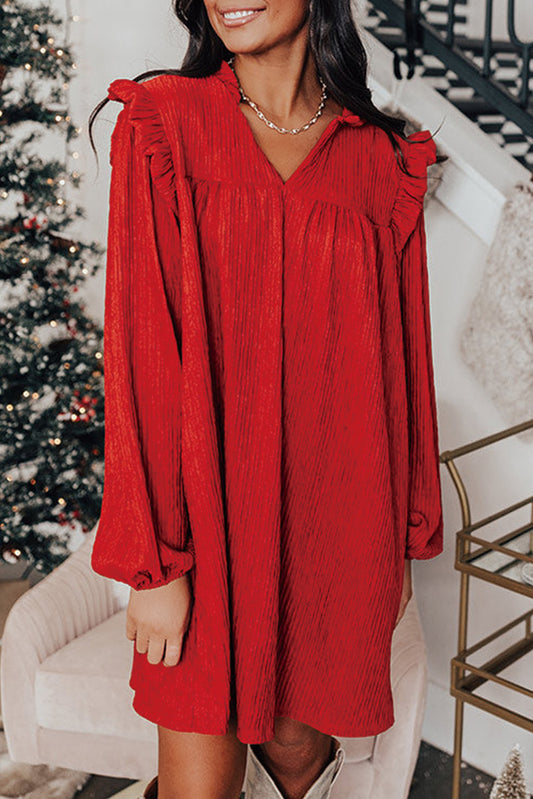 Fiery Red Textured Ruffled Trim V Neck Loose Fit Mini Dress Mini Dresses JT's Designer Fashion