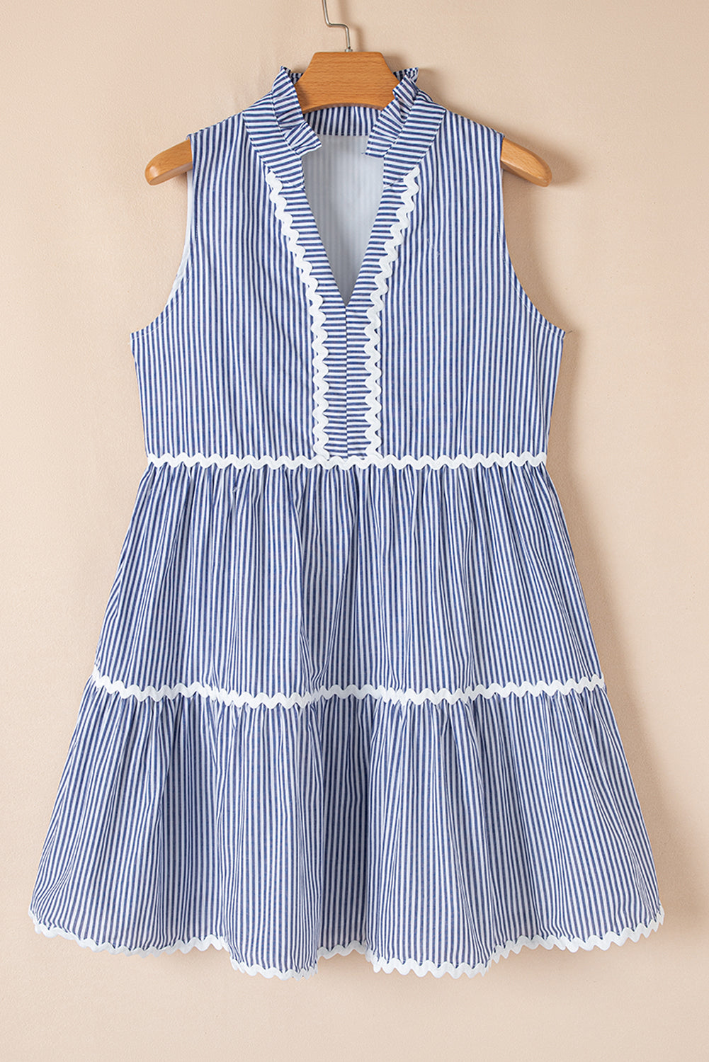 Blue Stripe Sleeveless Notched V Neck Contrast Ric Rac Mini Dress Mini Dresses JT's Designer Fashion