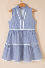Blue Stripe Sleeveless Notched V Neck Contrast Ric Rac Mini Dress Mini Dresses JT's Designer Fashion