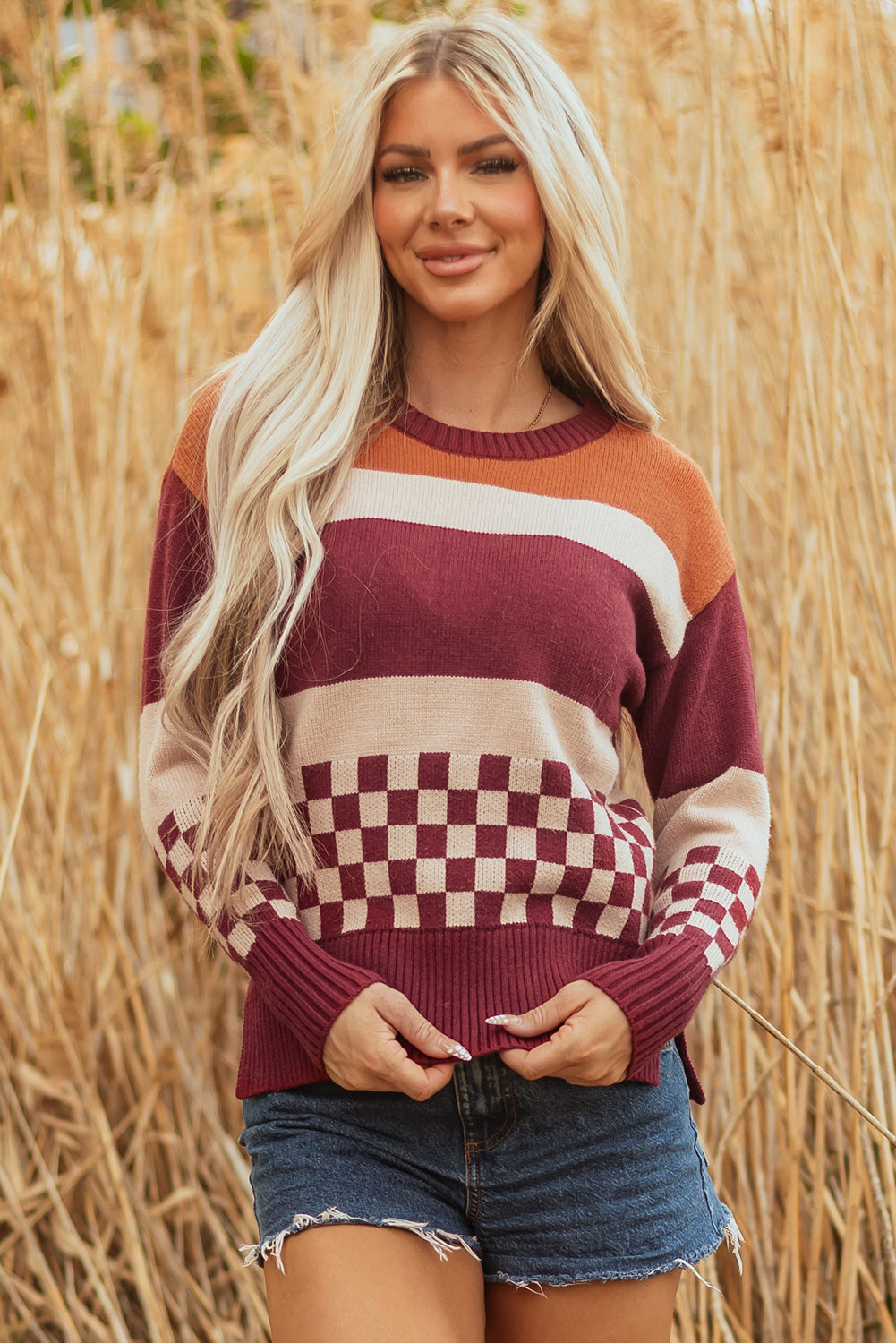 Brown Checkered Color Block Knitted Drop Shoulder Sweater Brown 52%Viscose+26%Polyester+22%Polyamide Sweaters JT's Designer Fashion