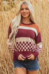 Brown Checkered Color Block Knitted Drop Shoulder Sweater Brown 52%Viscose+26%Polyester+22%Polyamide Sweaters JT's Designer Fashion