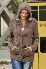 Khaki Fur Hood Horn Button Sweater Cardigan Sweaters & Cardigans JT's Designer Fashion