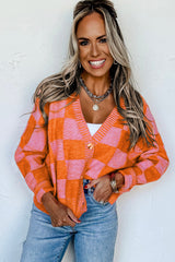 Orange Checkered Drop Shoulder Buttoned V Neck Cardigan Cardigans JT's Designer Fashion
