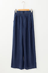 Sail Blue Side Pockets Frilled Smocked High Waist Wide Leg Jeans Jeans JT's Designer Fashion