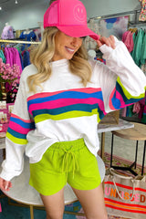 White Colorful Striped Accent Long Sleeve T Shirt Long Sleeve Tops JT's Designer Fashion