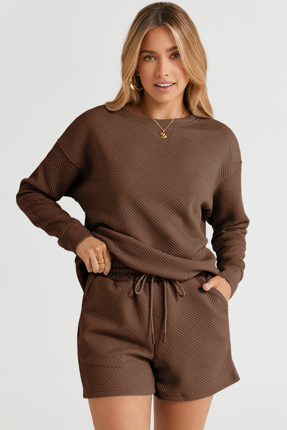 Brown Textured Long Sleeve Top and Drawstring Shorts Set Short Sets JT's Designer Fashion