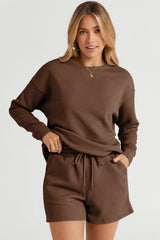 Brown Textured Long Sleeve Top and Drawstring Shorts Set Short Sets JT's Designer Fashion