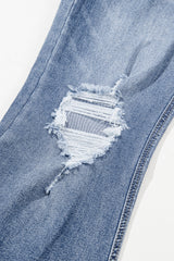 Dusk Blue High Rise Ripped Distressed Hem Flared Jeans Jeans JT's Designer Fashion