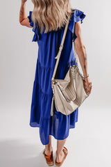 Bluing Ruffled Short Sleeve Collared V Neck Tiered Midi Dress Midi Dresses JT's Designer Fashion