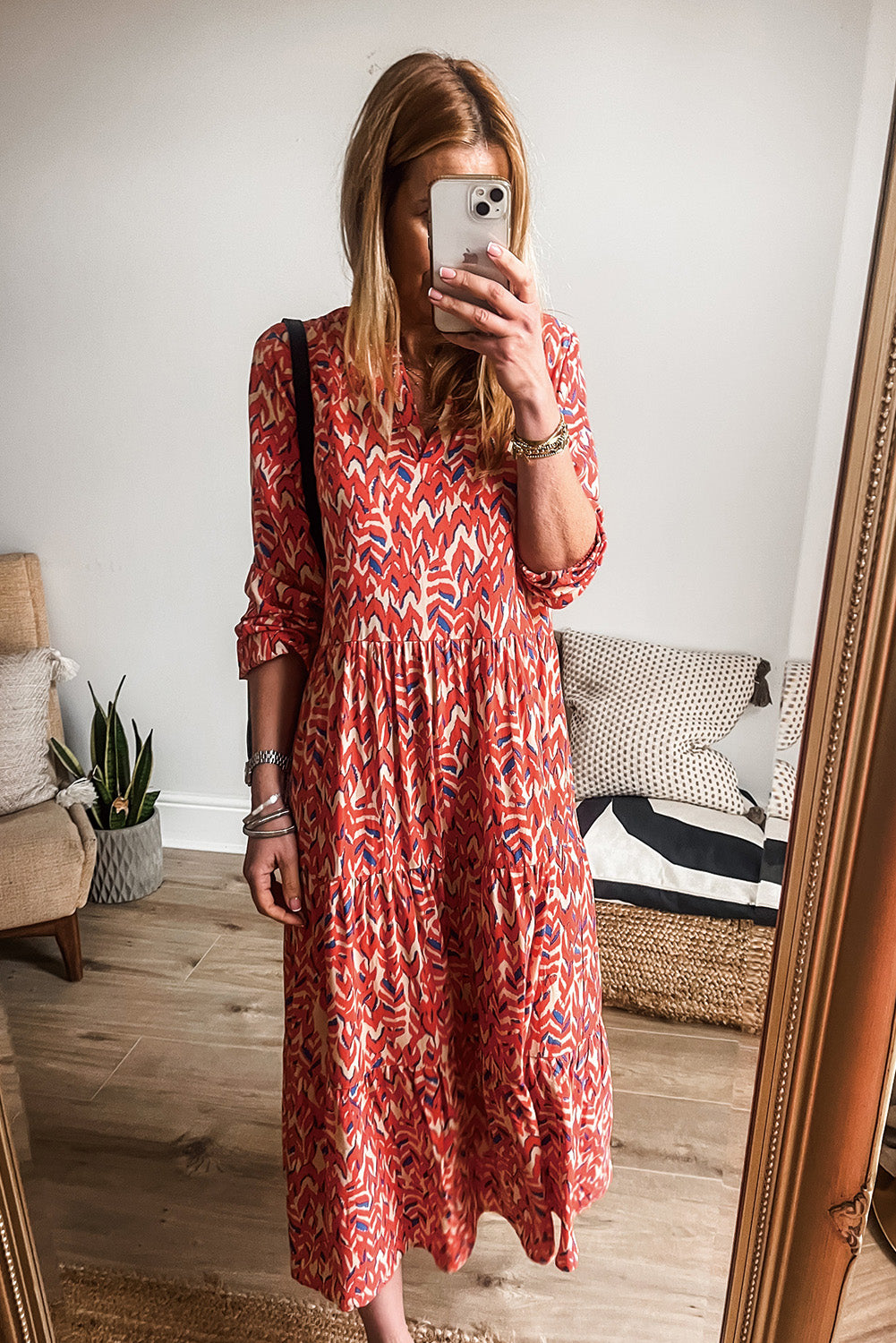 Orange Abstract Print V Neck Pleated High Waist Midi Dress Midi Dresses JT's Designer Fashion