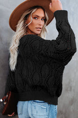 Black Crochet Knit Ribbed Hem Hollow-out Sweater Sweaters JT's Designer Fashion
