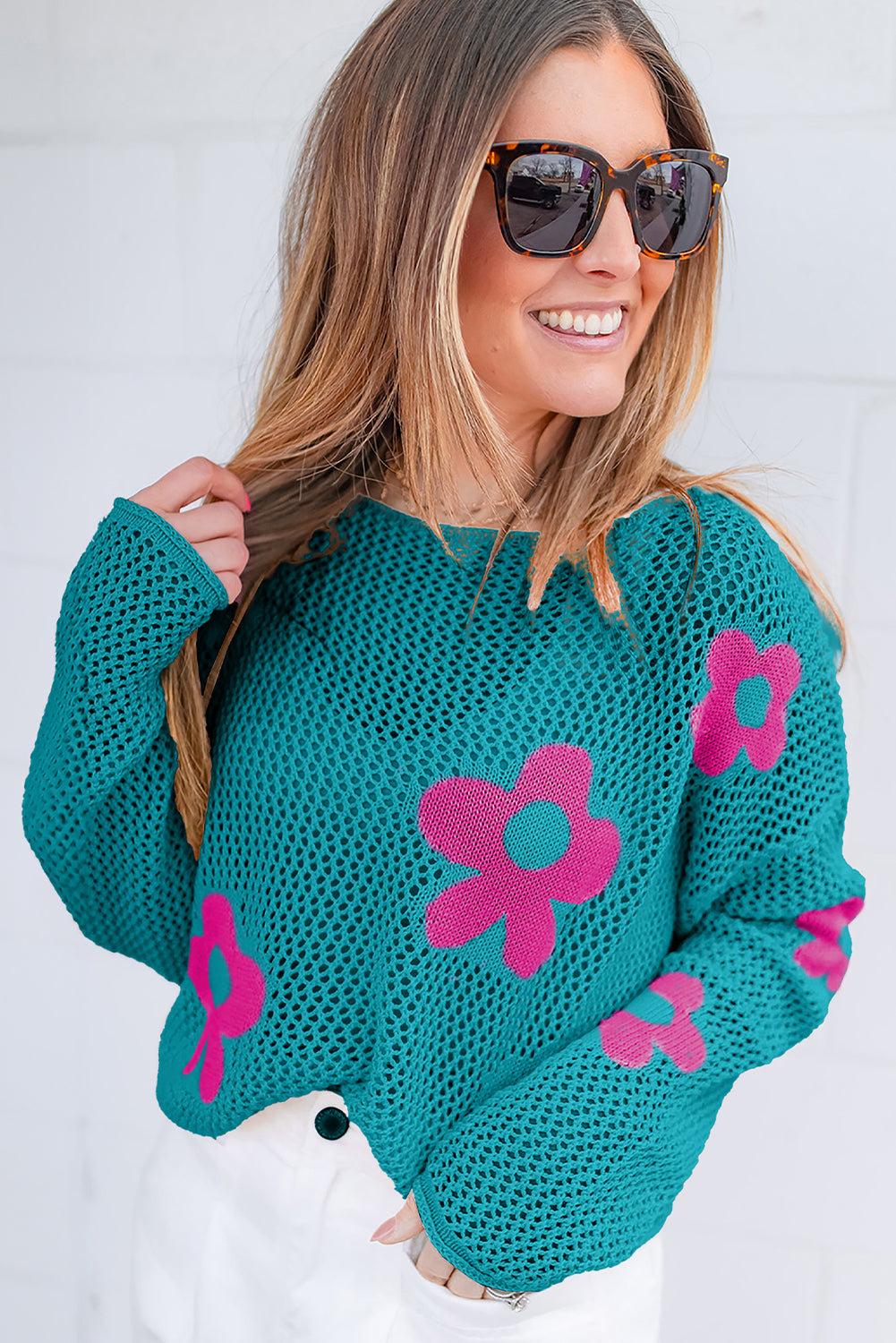 Sea Green Big Flower Hollowed Knit Drop Shoulder Sweater Sweaters JT's Designer Fashion