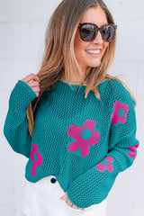 Sea Green Big Flower Hollowed Knit Drop Shoulder Sweater Sweaters JT's Designer Fashion