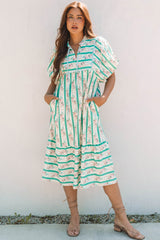 Multicolour Striped Floral Print Tie Split Neck Puff Sleeve Midi Dress Multicolour 100%Polyester Floral Dresses JT's Designer Fashion
