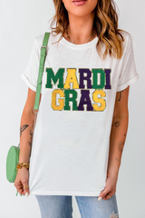 White Chenille MARDI GRAS Patched Graphic T Shirt Graphic Tees JT's Designer Fashion