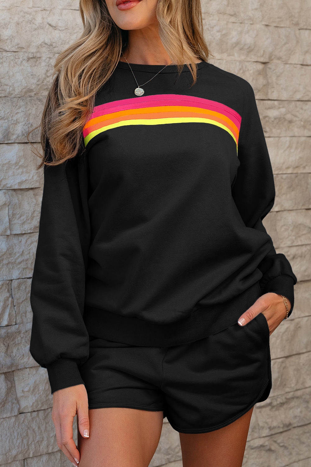 Black Striped Accent Pullover and Shorts Two Piece Casual Set Short Sets JT's Designer Fashion