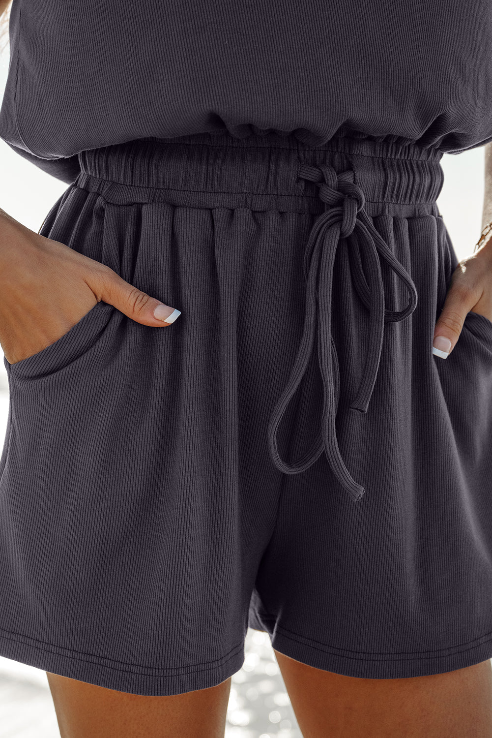 Bristol Black Knit Open Back Cap Sleeve Drawstring Romper Jumpsuits & Rompers JT's Designer Fashion