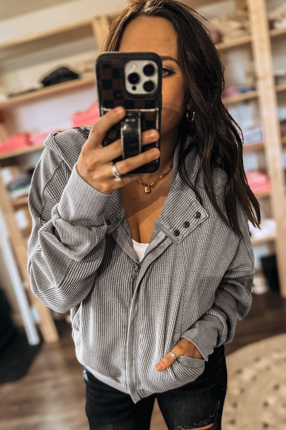 Gray Waffle Splicing Zip Up Front Button Hooded Jacket Jackets JT's Designer Fashion