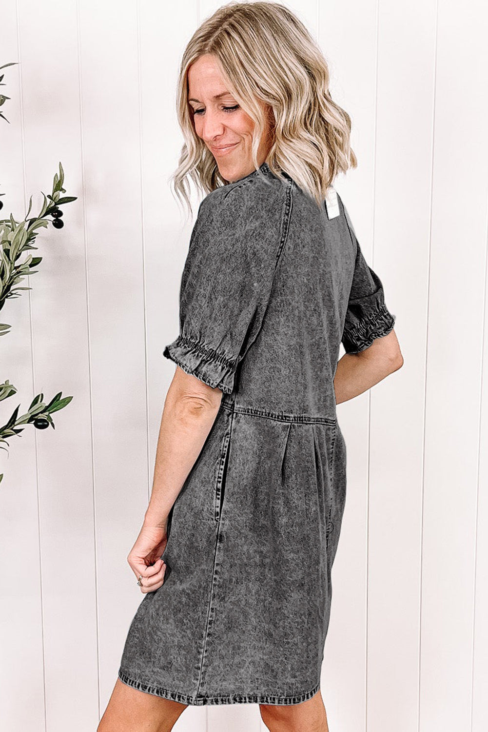 Medium Grey Mineral Wash Ruffled Short Sleeve Buttoned Denim Dress Dresses JT's Designer Fashion