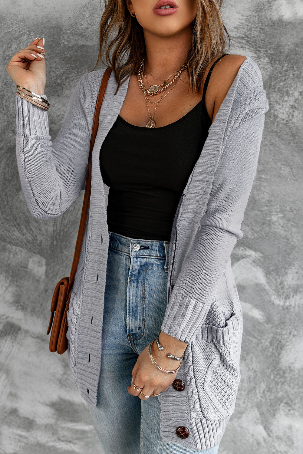 Gray Front Pocket and Buttons Closure Cardigan Sweaters & Cardigans JT's Designer Fashion