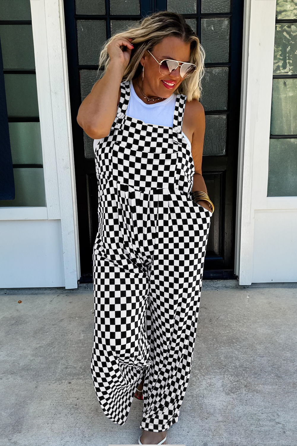 Black Checkered Print Pocketed Wide Leg Jumpsuit Jumpsuits & Rompers JT's Designer Fashion