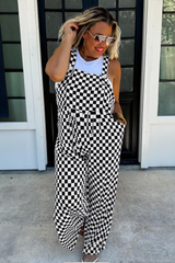 Black Checkered Print Pocketed Wide Leg Jumpsuit Jumpsuits & Rompers JT's Designer Fashion
