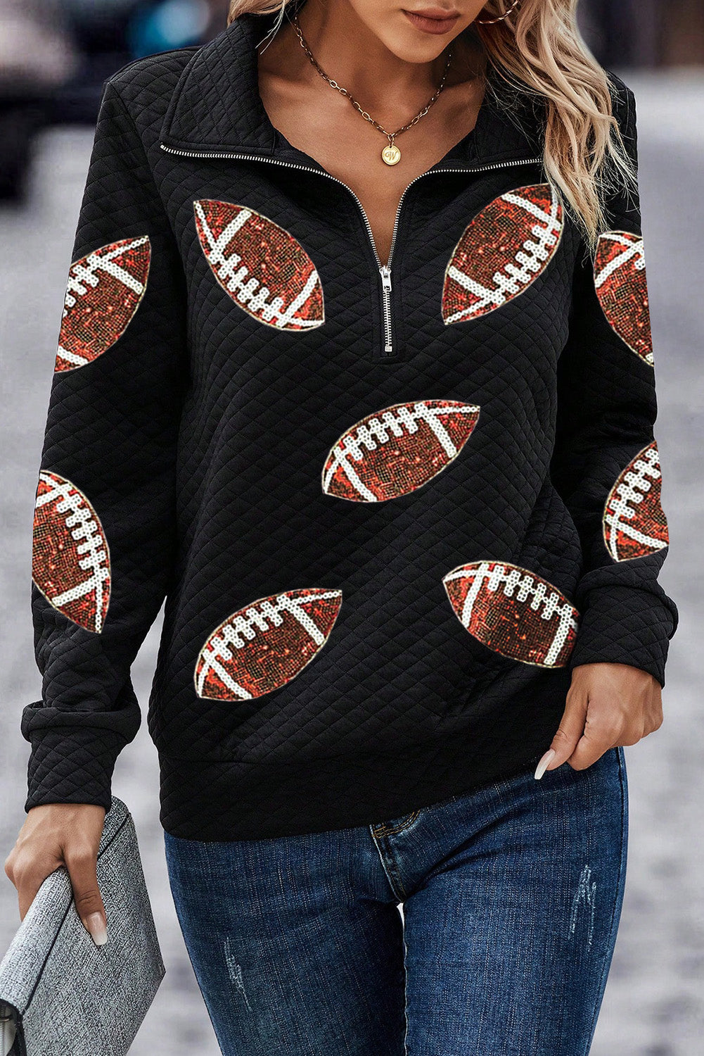 Black Sequin Rugby Football Patched Quarter Zip Textured Sweatshirt Graphic Sweatshirts JT's Designer Fashion