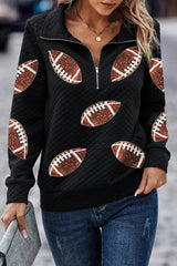 Black Sequin Rugby Football Patched Quarter Zip Textured Sweatshirt Graphic Sweatshirts JT's Designer Fashion