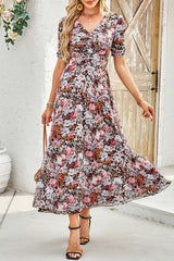Brown Mesh Leopard Floral Reversible V Neck Short Sleeve Dress Dresses JT's Designer Fashion
