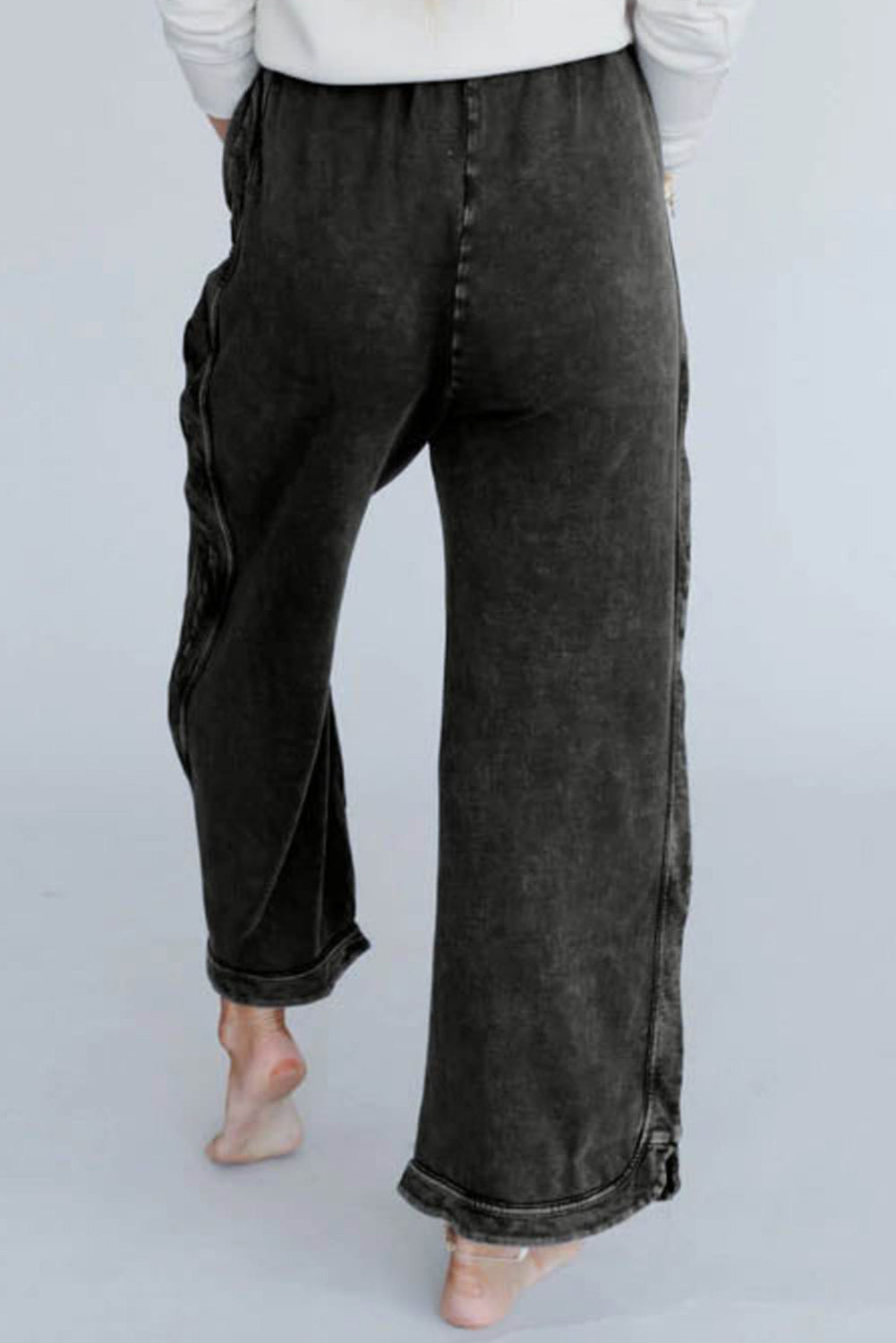 Black Mineral Wash Exposed Seam Wide Leg Pants Bottoms JT's Designer Fashion